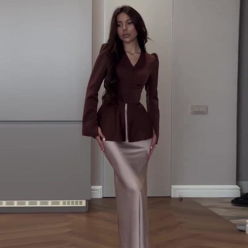 Elegant Satin Feel Tie Waist Long Dress Set for Women - Autumn 2024 Collection