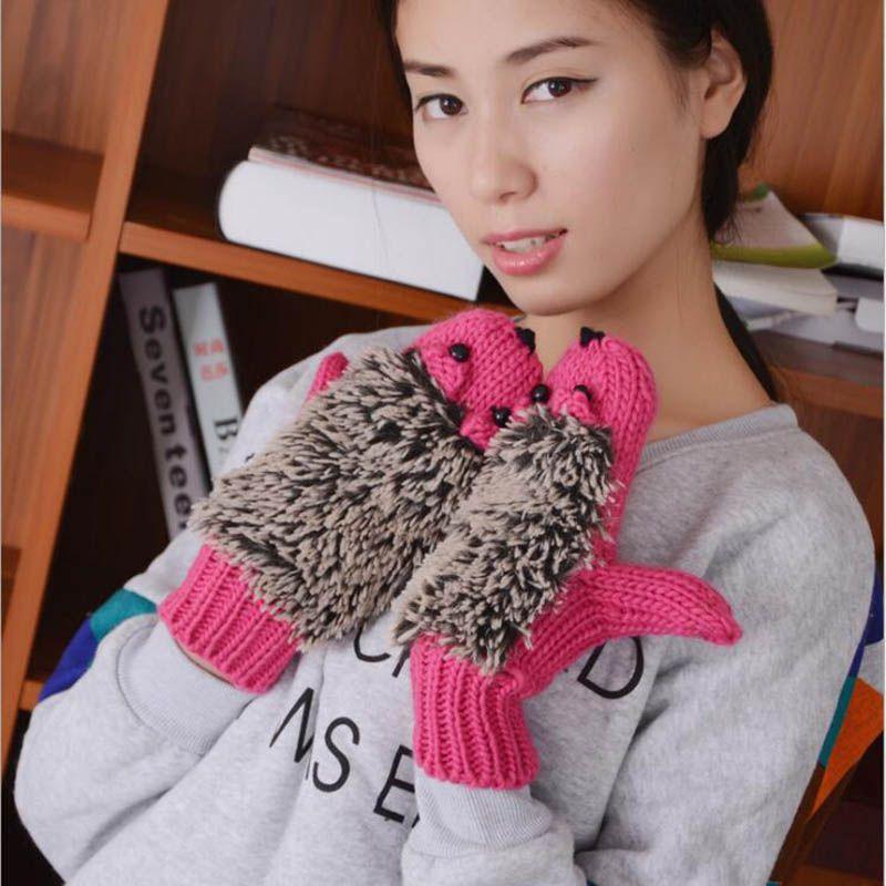 Cozy Women Girls Warm Cartoon Hedgehog Gloves Soft Knitted Winter Mittens