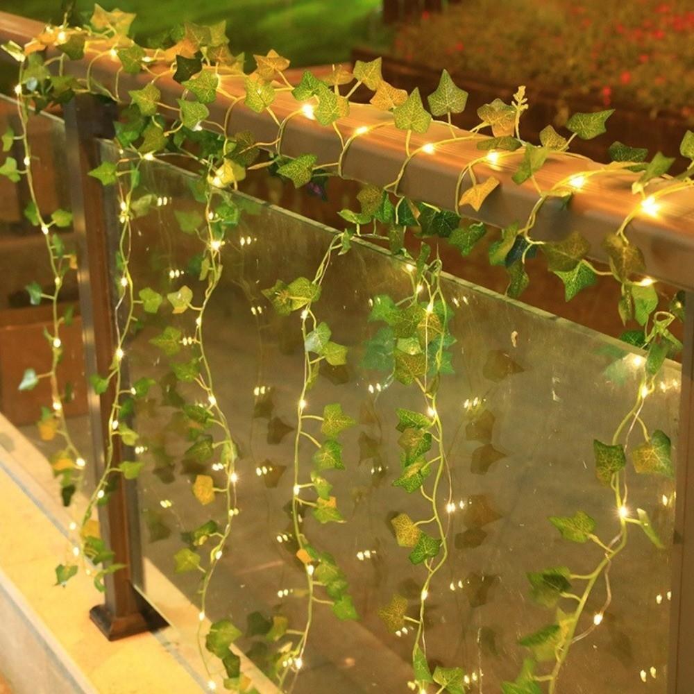 Plastic Leaf Garland String Lights Battery Powered Golden Leaves Artificial Vine Fairy Lights Warm Light Green Leaf