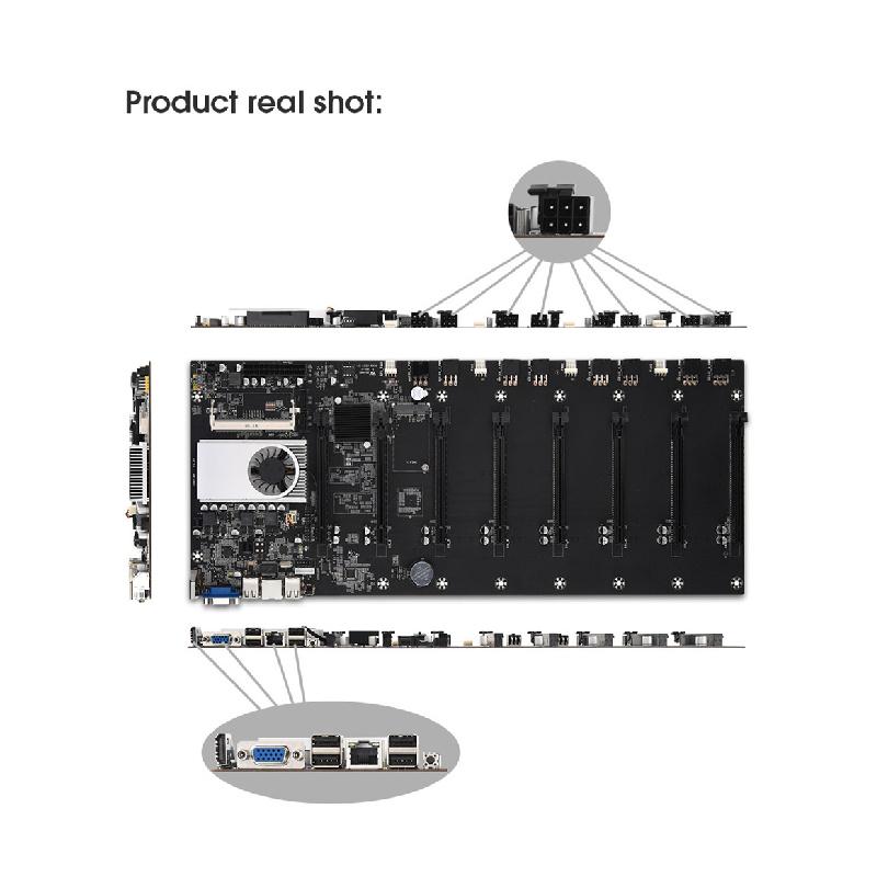 Mining motherboard with processor, fan and 8 slots for ddr3 graphics cards with integrated memory