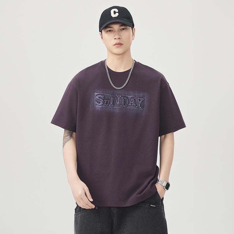 Textured Short-sleeved T-shirt Men's Loose Steel-printed Pure Cotton Casual Versatile Half-sleeved Top