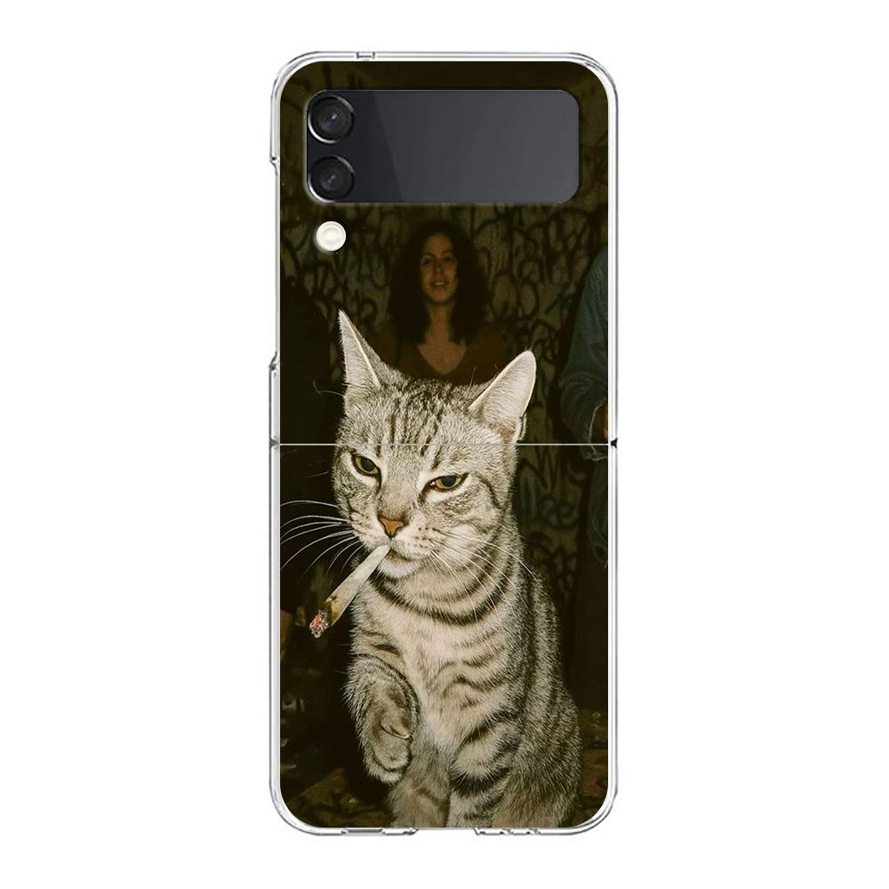 Transparent Phone Case For Samsung Galaxy Z Flip 3 4 5 6 7 Hard Folding PC Z Flip3 Flip4 Cover Funny Cartoon Korean Cat Couple