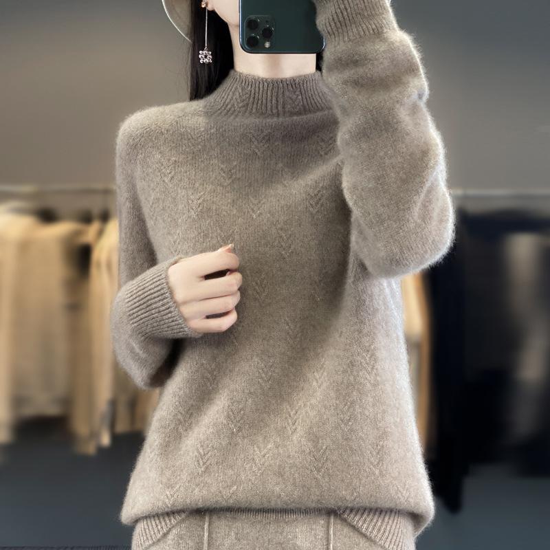 Half Turtleneck Jacquard Cardigan Autumn and Winter Loose and Versatile Cashmere Knitted Sweater Skin-friendly Warm Bottoming Shirt Top
