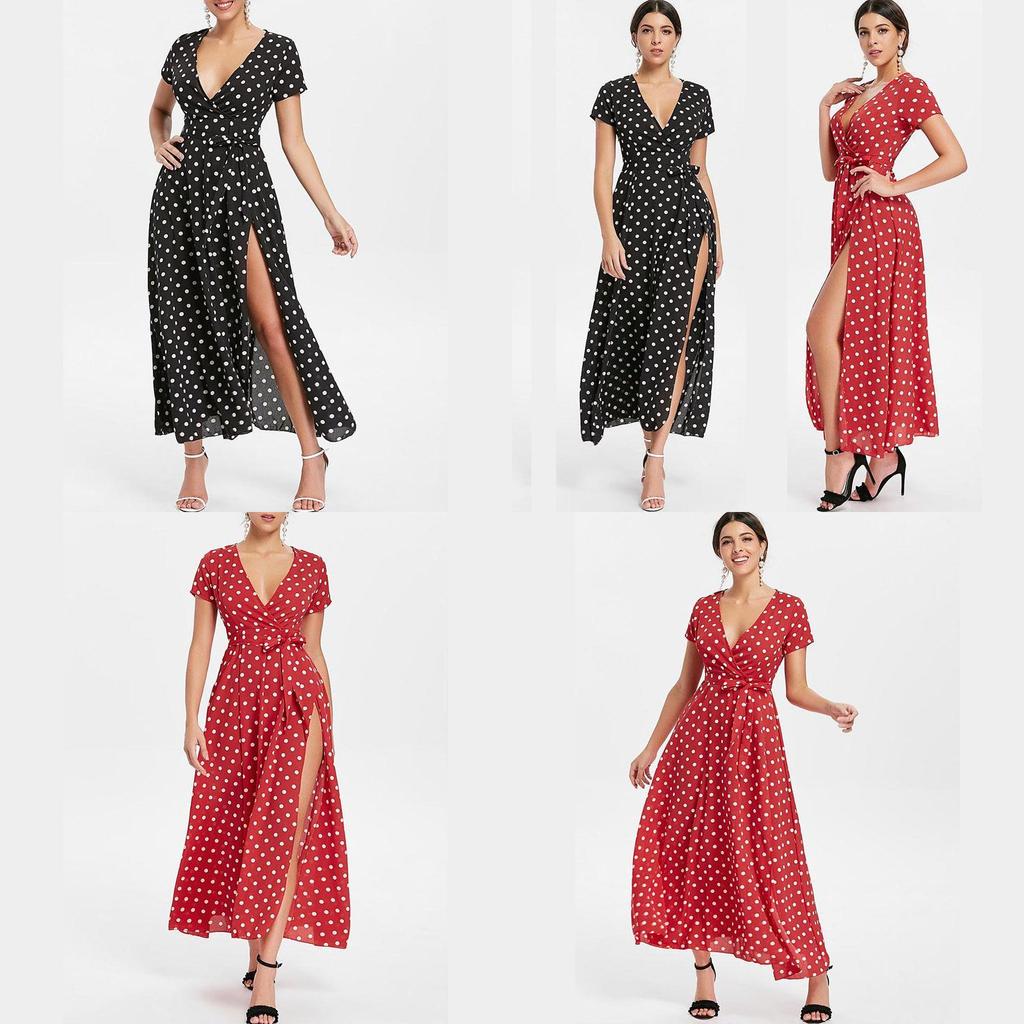 Women Short Sleeve V Neck Swing Dress With Elegant Polka Dot Print And Slit Detail