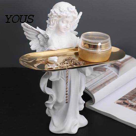Desktop Organizer Angel Figurine Storage Tray, Elegant Jewelry Exquisite Resin Statue Decorative Accessory Tray Dish, for Rings Necklaces Earrings,