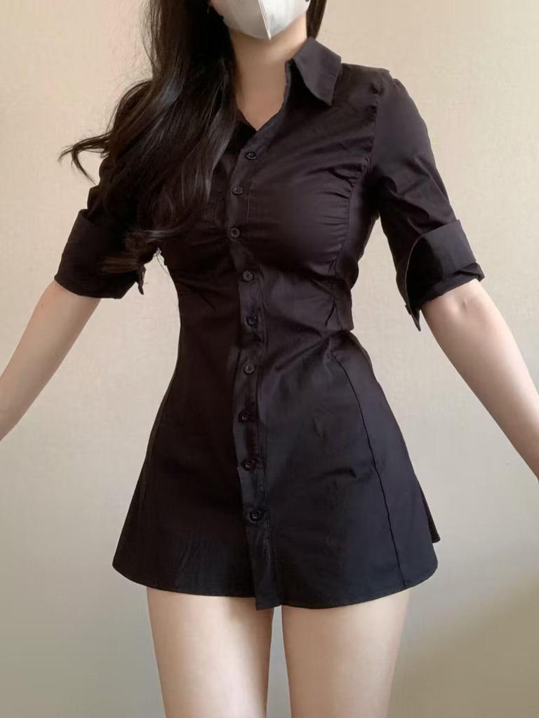 Sommer Slim Fit Raffung Hemdblusenkleid - Sexy, Taillenbetonend, Mittellanges Design für Damen