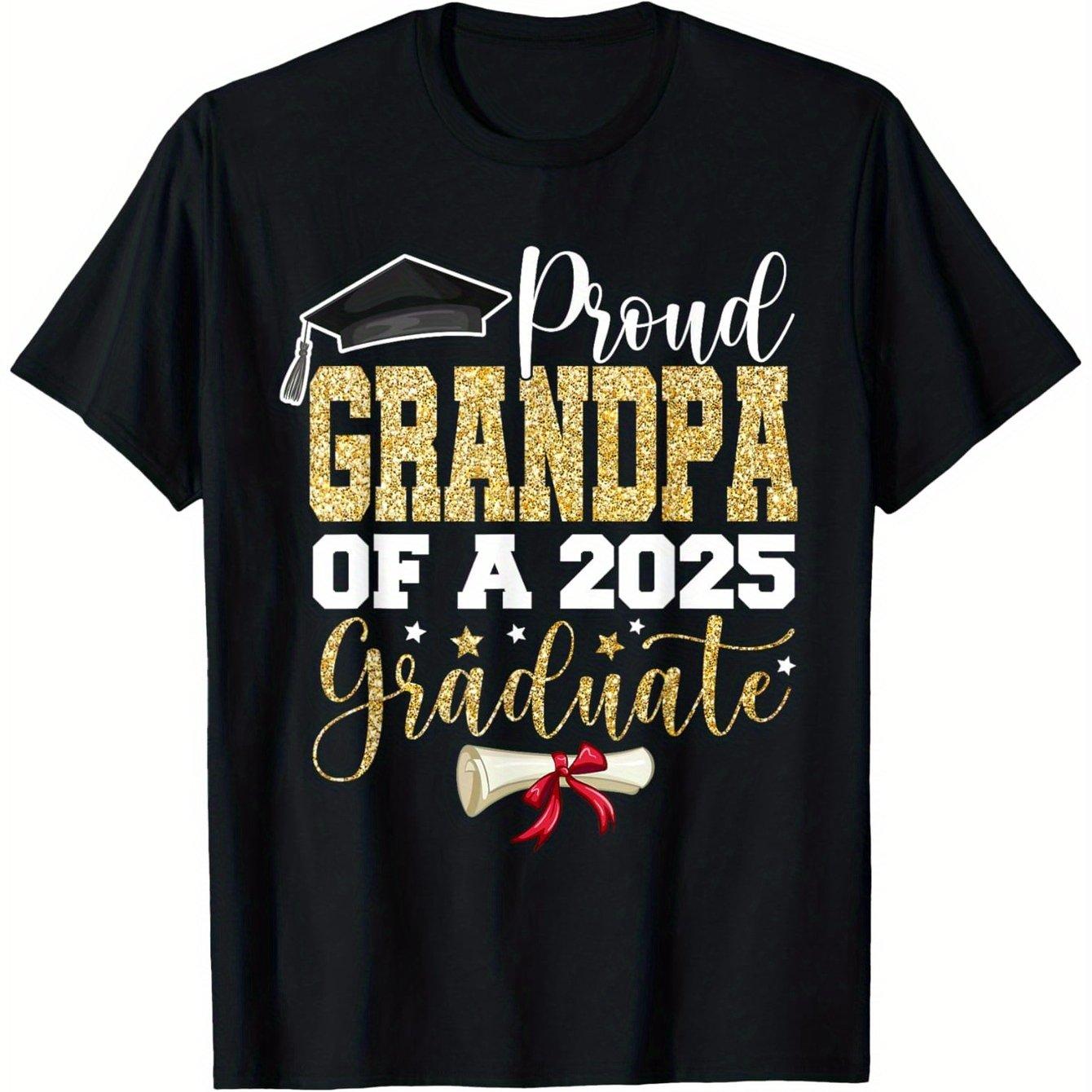Proud Grandpa 2025 Graduation TShirt Mens Black Cotton Tee with Golden White Print Casual Round Neck Short Sleeve S
