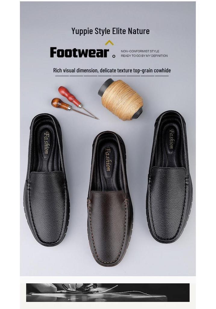Men's Large Size Genuine Leather Casual Shoes - Non-Slip Thick Sole, Wear-Resistant, Ideal for Middle-Aged Wearers.