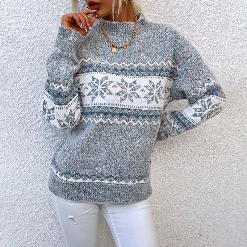 Women S Half High Neck Snowflake Pullover Knit Sweater