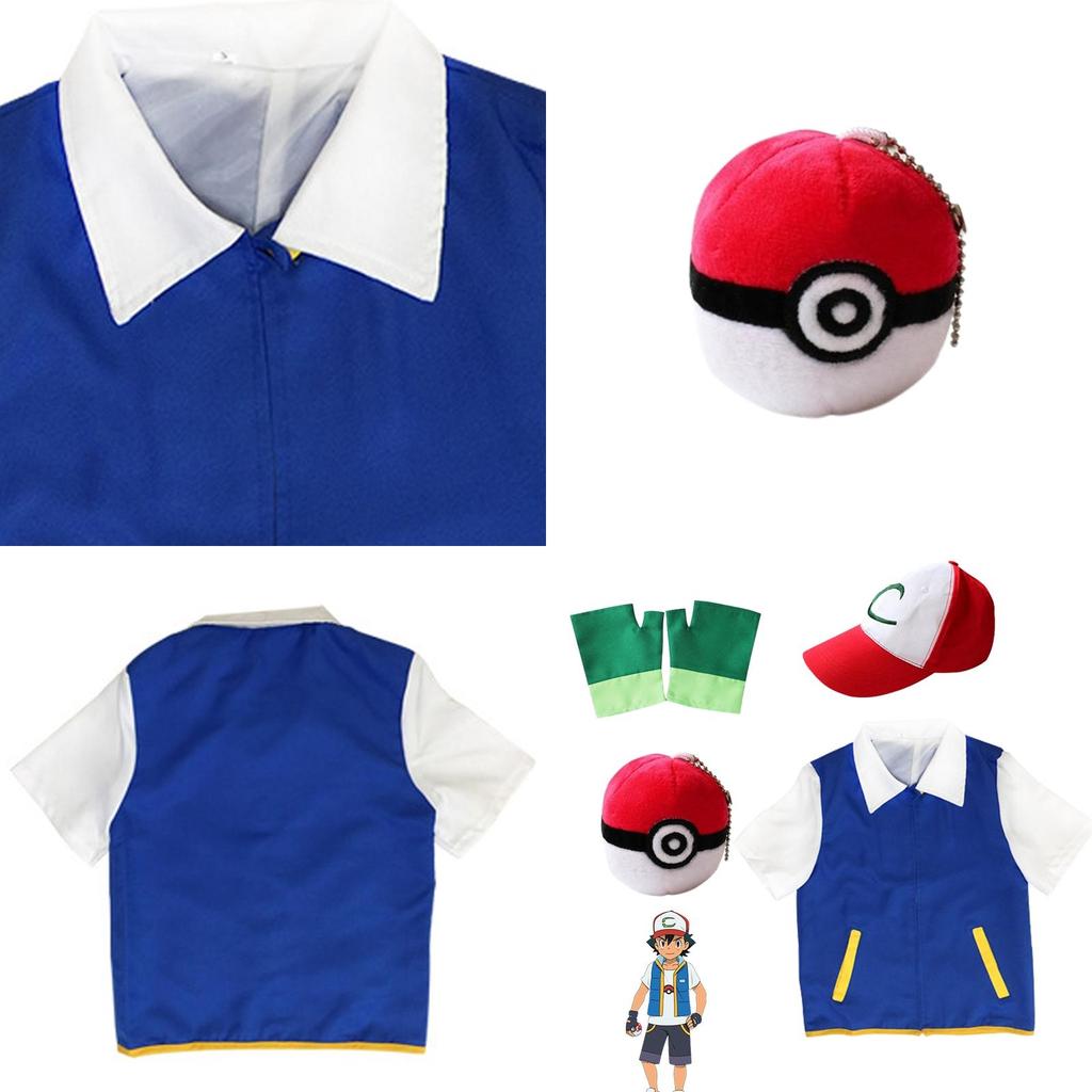 Pokemon Ash Ketchum Cosplay Kostüm Komplettset Erwachsene Jacke Handschuhe Hut Halloween Hohe Qualität Elastisches Weiches Polyestermaterial