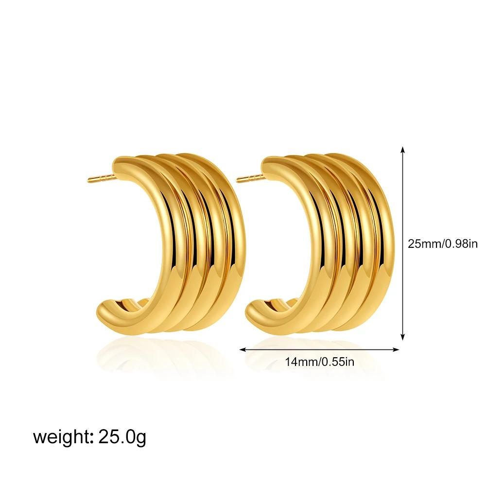 Classics Retro Texture Striped Polished Metal C Shape Huggie Hoop Earrings for Women Stylish Waterproof Stainless Steel Bijoux