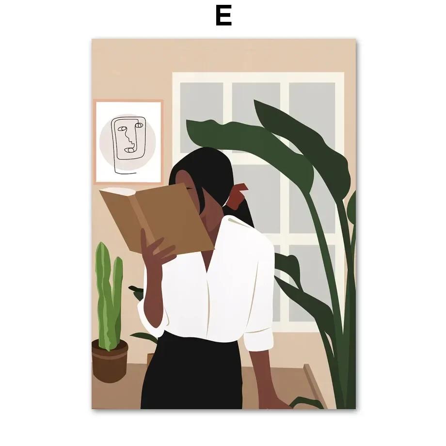 Elegant Abstract African Girl Wall Art with Sun  Coffee  HD Canvas Print Poster for Living Room  Bedroom Decor