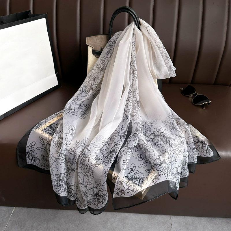 Silk Scarf Folral Women Summer Hijab Luxury Print Sunscreen Shawl Wraps Bandana Ladies Head Scarves Large Foulard Echarpe