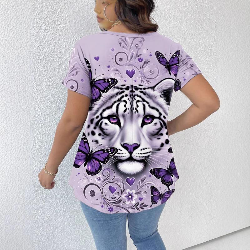 Women's Summer Short Sleeve T-Shirts V-Neck Tiger Printed Shirts Loose Plus Size Pullover Tops