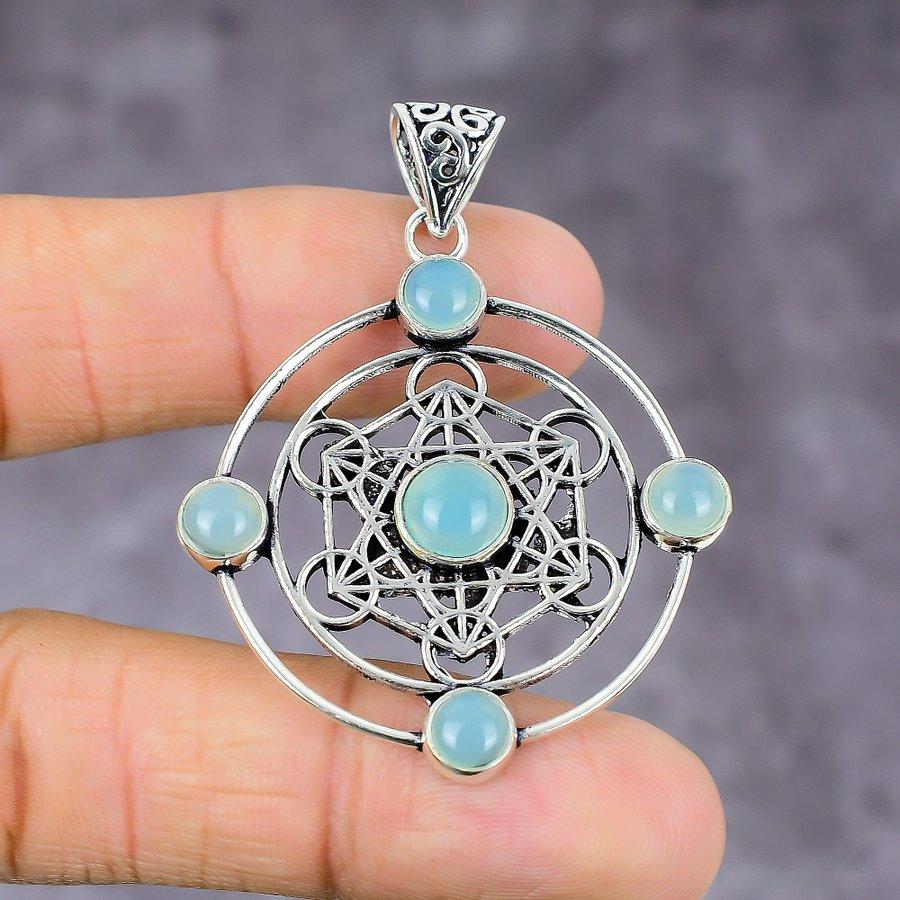 Natural Aqua Chalcedony Gemstone 925 Sterling Silver Gift Pendant 2.17" R3e78