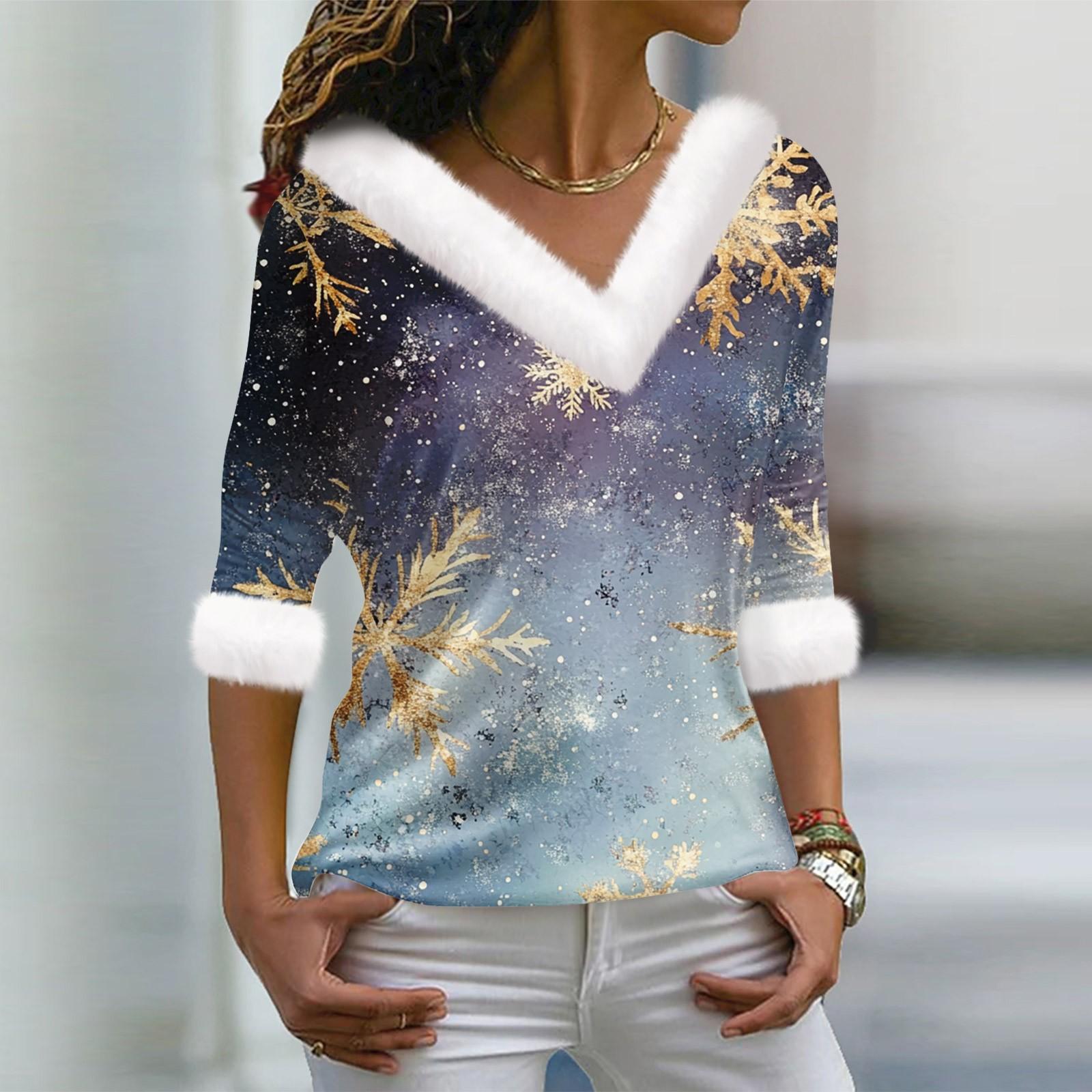 

Женский модный повседневный топ с V-образным вырезом и длинными рукавами, рождественским принтом и плюшевым воротником M