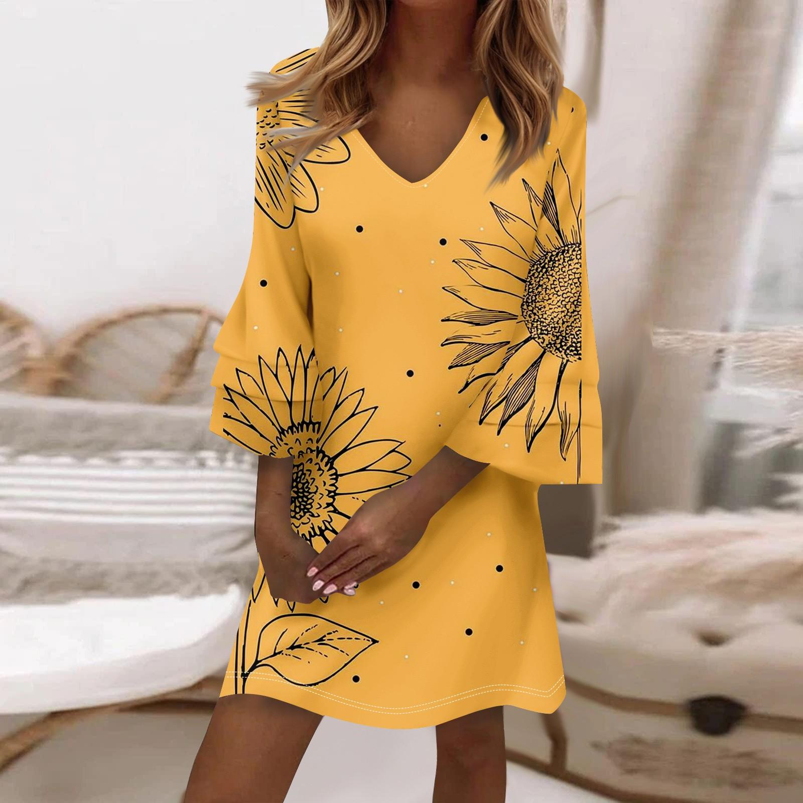 

Women s Fashion Temperament Elegant Fresh Printed V-Neck 3/4 Sleeves Dress XL