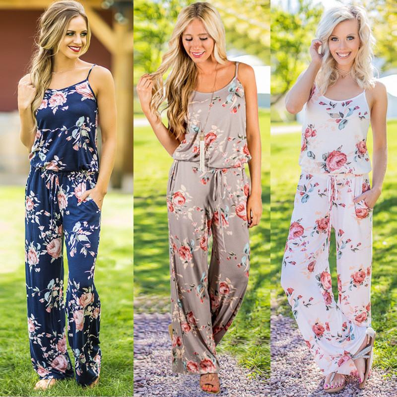 Women Summer Floral Long Wide Leg Pants Strappy Casual Beach Jumpsuit Us Romper