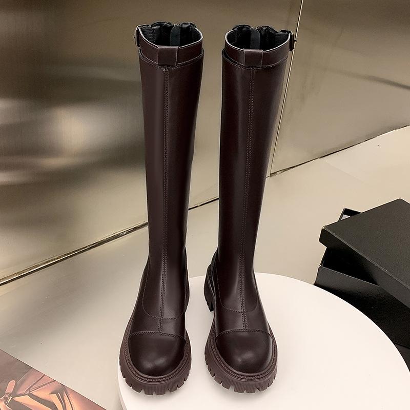 

Коричневые высокие сапоги женские кожаные сапоги рыцаря, но колено, эластичные сапоги, сапоги на платформе, ботинки Мартина 40