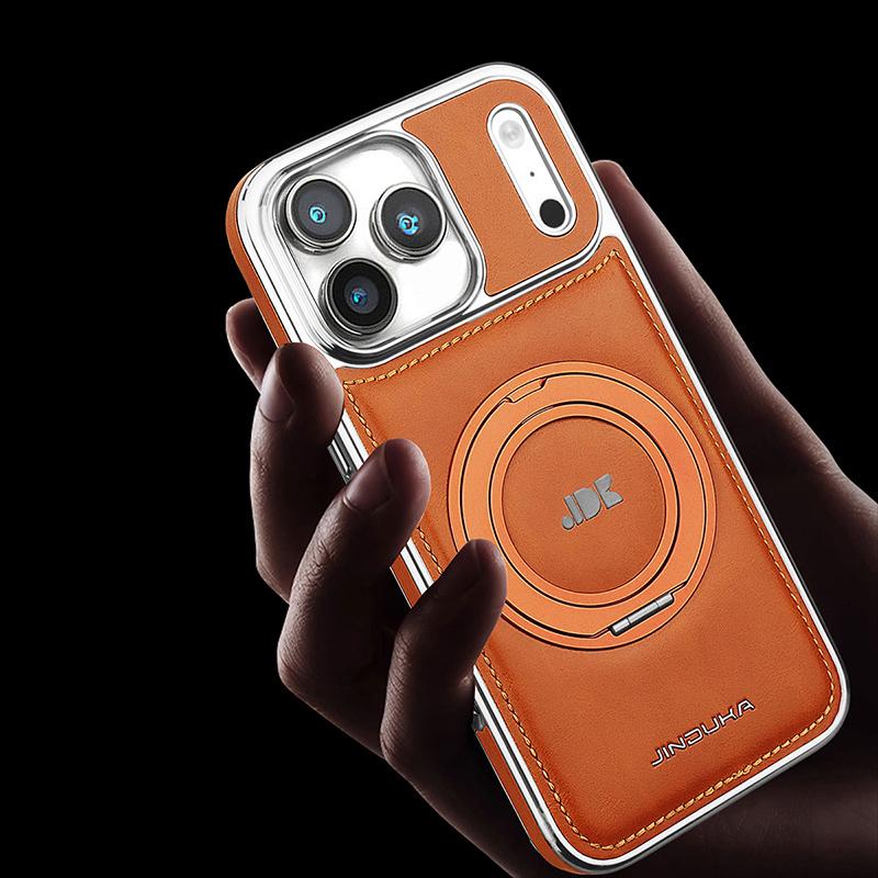 Luxury Magnetic 360 Rotating Kickstand Leather Phone Case For iPhone 17 Pro Max 16 Plus 15 14 13 Ring Holder for Magsafe Cover