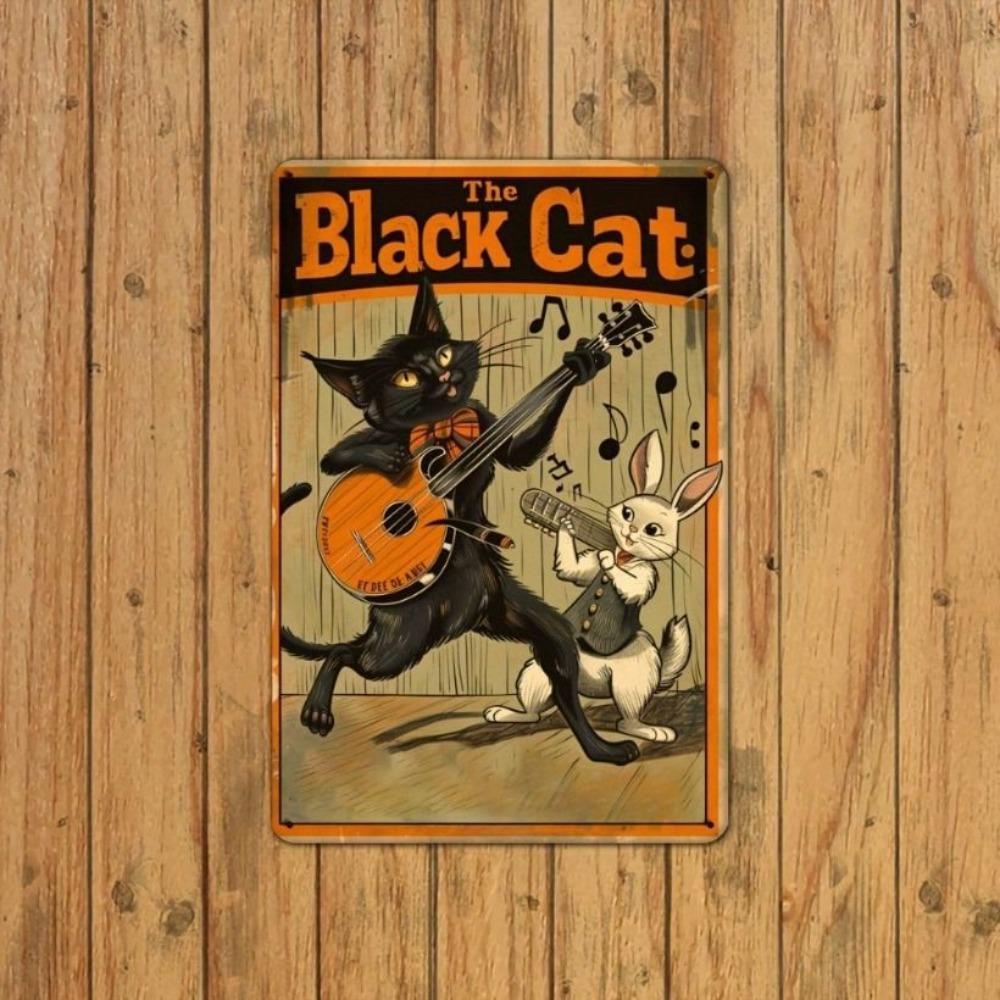 Vintage Zwarte Kat en Konijn Muzikant Metalen Poster Wanddecoratie