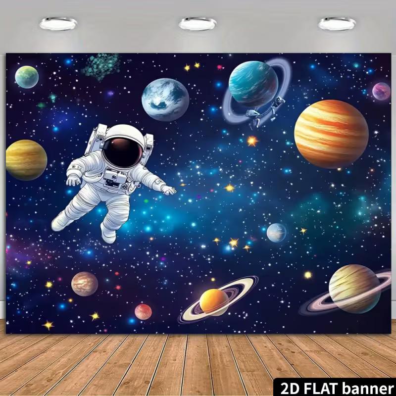2D Galaxy Outer Space Backdrop - Astronaut & Colorful Planets Banner for Kids Space Themed Party Photoshoot 47.2x31.5inch/120*80cm
