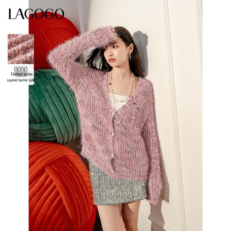 LAGOGO 2025 Feather Yarn V-Neck Top S
