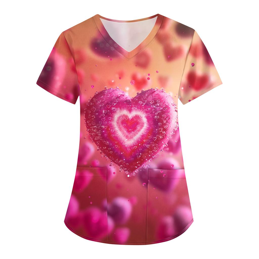 Women's Valentine's Day Print Loose V-neck Pocket Short-sleeved Caregiver Uniform/ Uniform