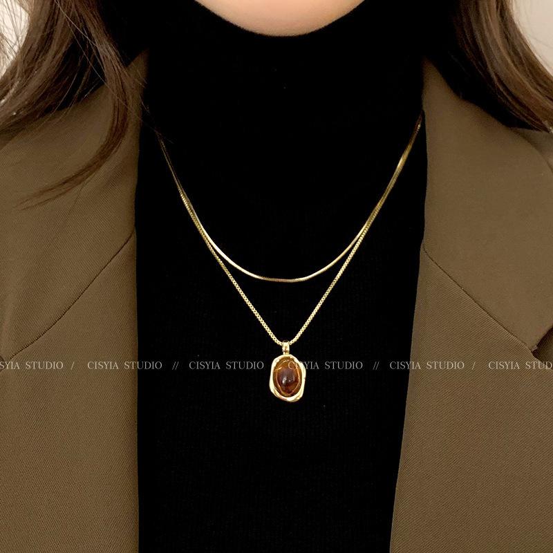 Leather Tiger's Eye Stone Necklace Women's Retro Temperament Sweater Chain Light Luxury Niche Stacked Wear Chinese Clavicle Chain Sweater Accessories