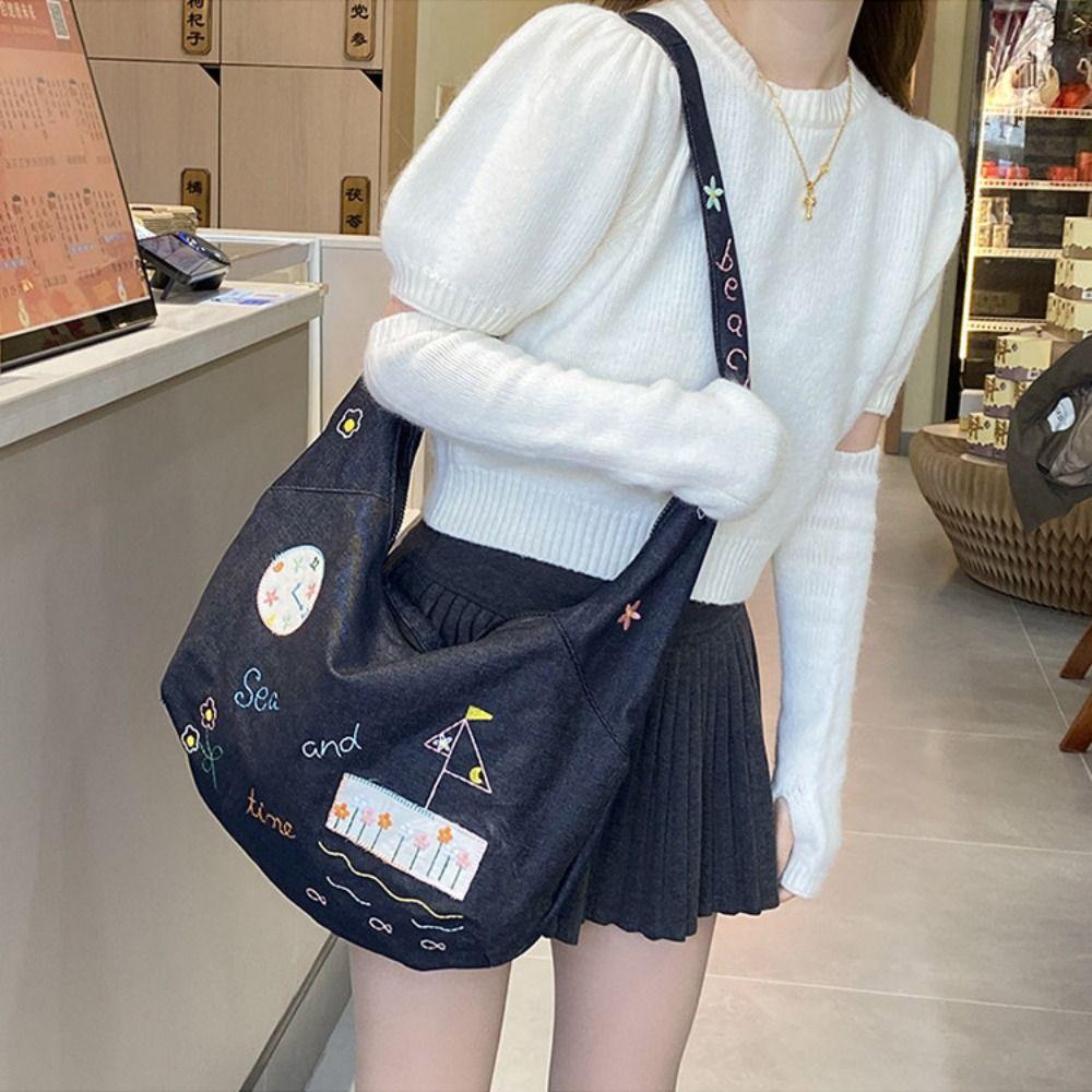 Retro Denim Canvas Bag Cloth Embroidery Tote Bag Vintage Cartoon Pattern Shoulder Bag  Travel