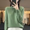 Women's Slimming 100% Wool Half-High Neck Sweater, Seamless Cashmere Knit Base Layer, Autumn Winter Loose Top with Hollow-Out Design