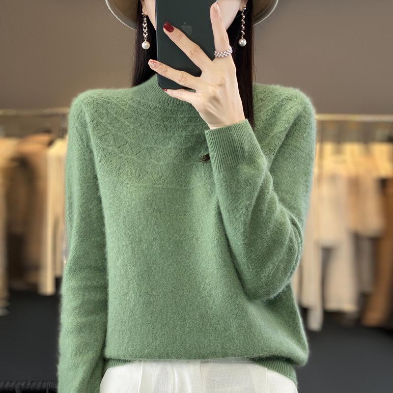 Women's Slimming 100% Wool Half-High Neck Sweater, Seamless Cashmere Knit Base Layer, Autumn Winter Loose Top with Hollow-Out Design