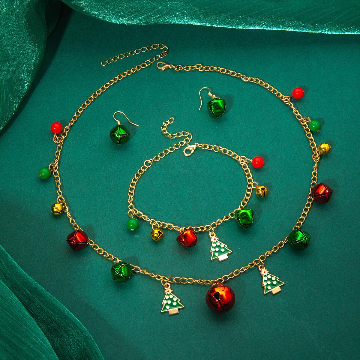 

European and American Color Block Bell Jewelry Set: Christmas Tree Bracelet, Necklace, and Earrings.