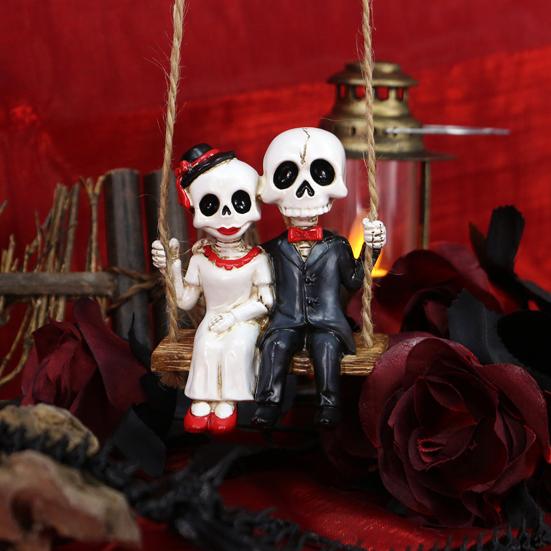 Skeleton Couple Figurine Swing Skeleton Hanging Decoration Gothic Car Rearview Mirror Pendant for Home Halloween Party Decor