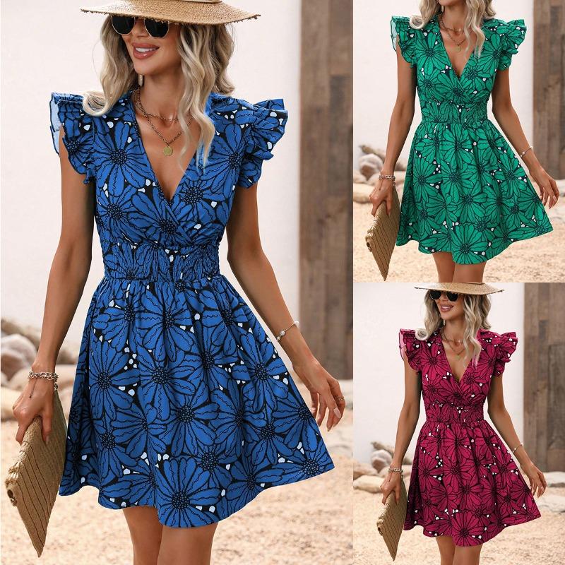 Women's Summer V-neck Waist Sexy Big Flower Ruffled Sleeveless Dress