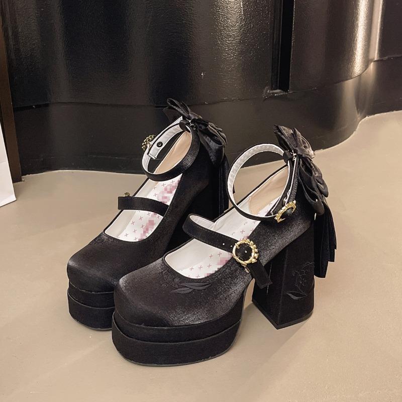 Fashion Lolita Shoes Sweet Girls Bow Velvet Platform Heels Ankle Strap Pumps Mary Jane Shoes Banquet Party Dress Shoes for Women Pumps