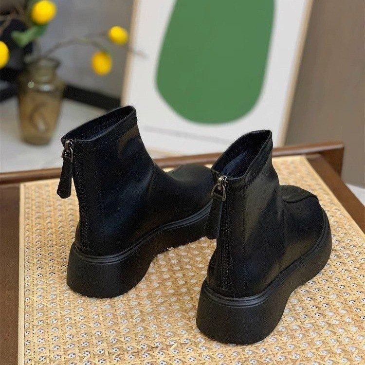 Small Thick-soled Heightening Short Boots Autumn and Winter Thin Velvet Thin Boots Chelsea Boots Elastic Boots Martin Boots