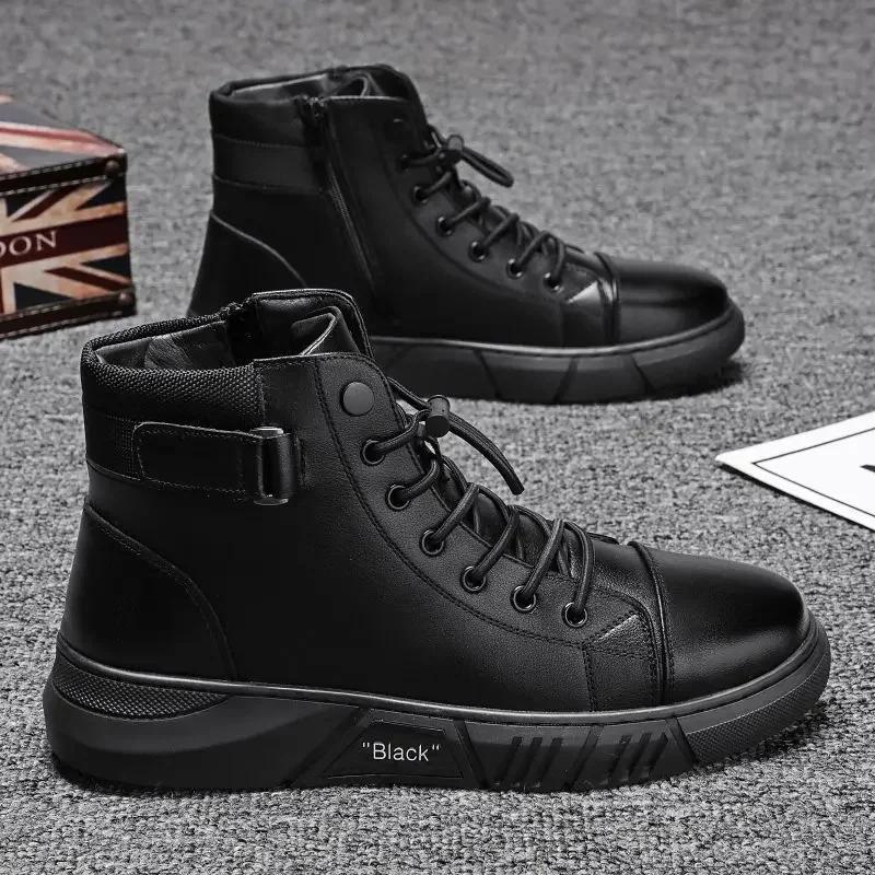 Fashion Ankle Boots Black PU Leather Men's Sports Shoes Autumn Winter Comfortable High-top Casual Fashion Platform Boots Man Round Head