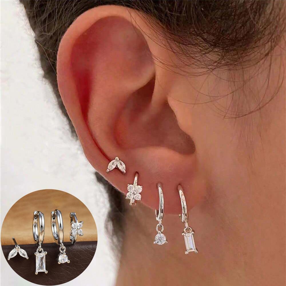 4pcs Fashion Cubic Zirconia Flower Hoop Earrings Set 18K Gold Plated Stainless Steel Stud Earring Piercing Jewelry Aretes Mujer