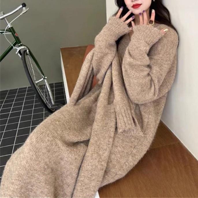 Simple and versatile knitted dress for women's autumn and winter new loose and lazy style with coat backing sweater long dress