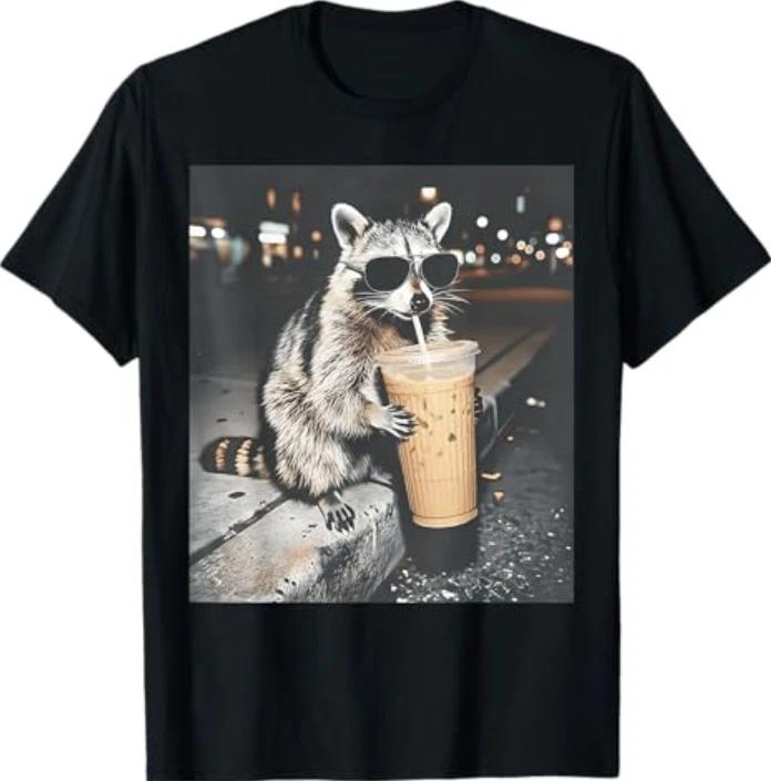 Raccoon Drinking Iced Coffee Funny Animal Meme Men Women T-Shirt