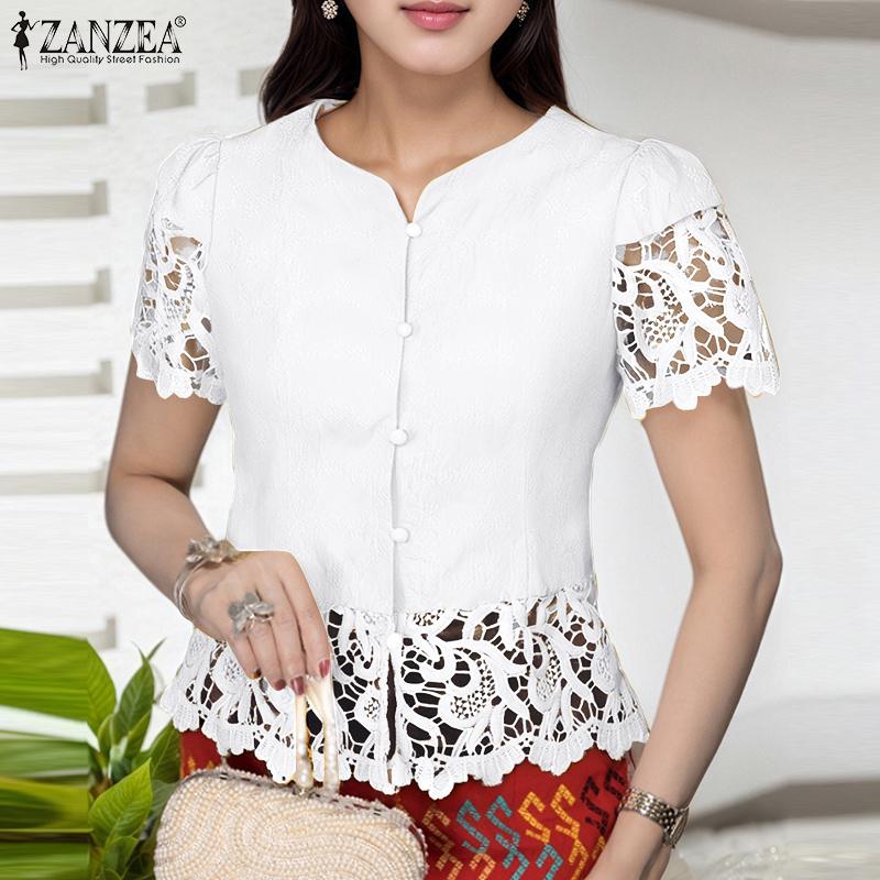 ZANZEA Dame Sommer V-hals Hul Heklet Spleis Kort Ermet Casual Bluse