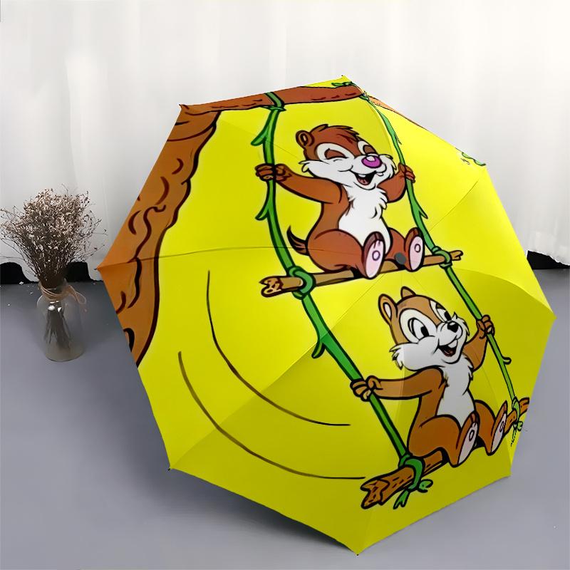 Chip & Dale on the Swing Durable Cartoon Folding Umbrella, Portable 3-Fold Compact Umbrella for Men and Women, Suitable for Travel or Daily