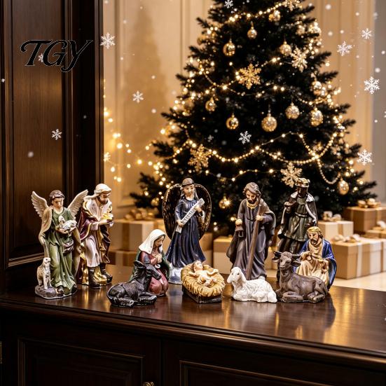 Christmas Home Decor 11 Pcs Nativity Scene Set, Resin Mini Figurines Tabletop Decor, Jesus Birth Holy Family Angel Shepherd Animals Statues, Religious