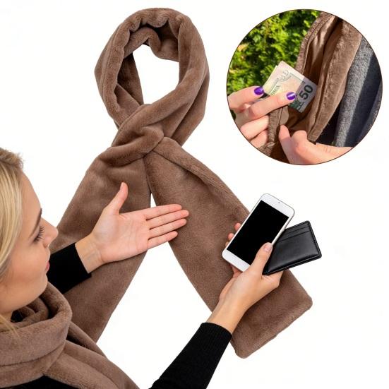 Cachecol com Zíper Invisível Cor Sólida Macio Confortável Quente Unissex Cachecol de Inverno Bolsos para Carteiras Celulares Cachecol de Passar com Pelo Sintético