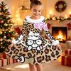 Kids Long Sleeve Christmas Dress, Cute Print Faux Fur Collar Bow Decor Princess Dresses for Girl Holiday Party Wear