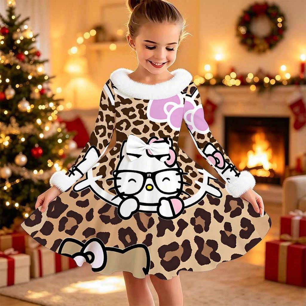 Kids Long Sleeve Christmas Dress, Cute Print Faux Fur Collar Bow Decor Princess Dresses for Girl Holiday Party Wear