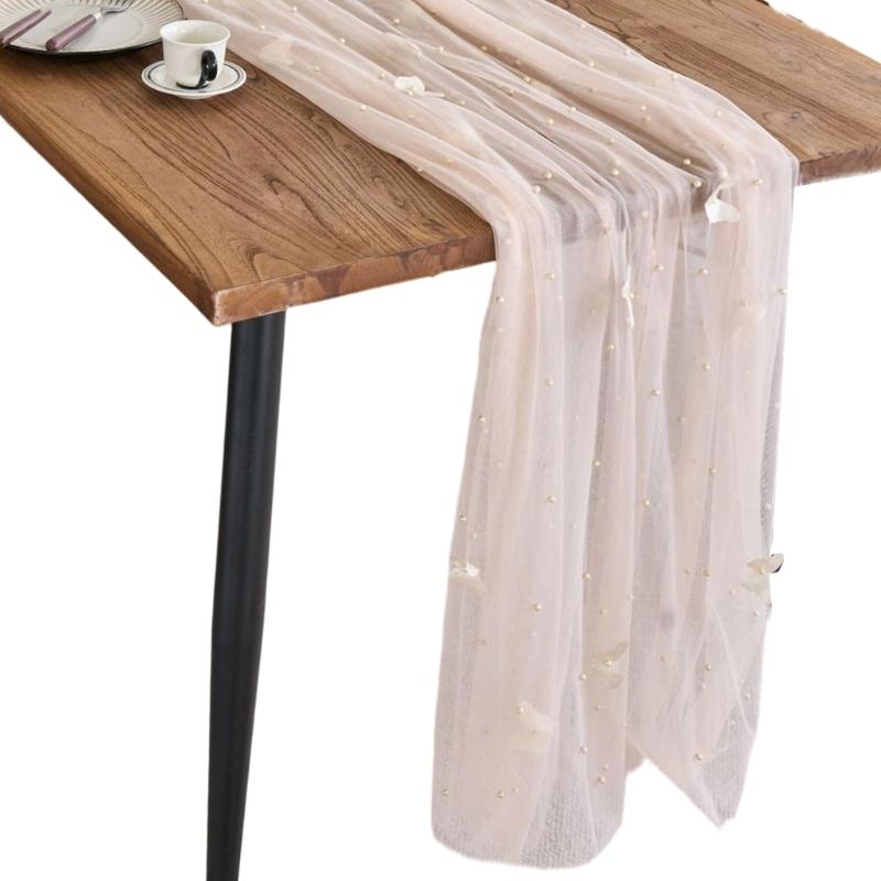 Mesh Lace Table Runner With Beaded and Embroidery 3D Butterfly Sheer Tulle Fabric Tablecloth For Dining Table Decors