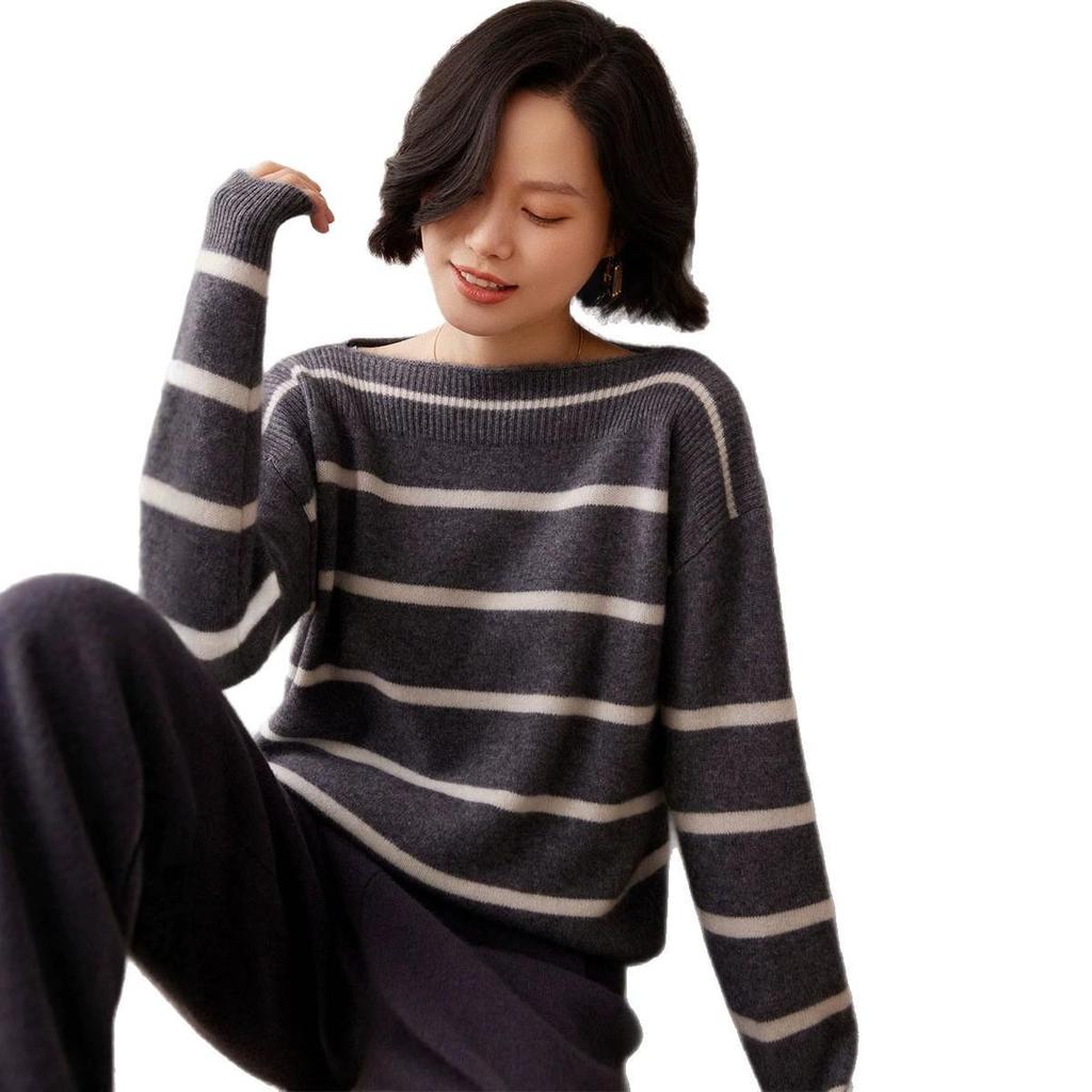 Women's One-Shoulder Striped Cashmere Sweater - Korean Style, Loose Fit Knitwear Top