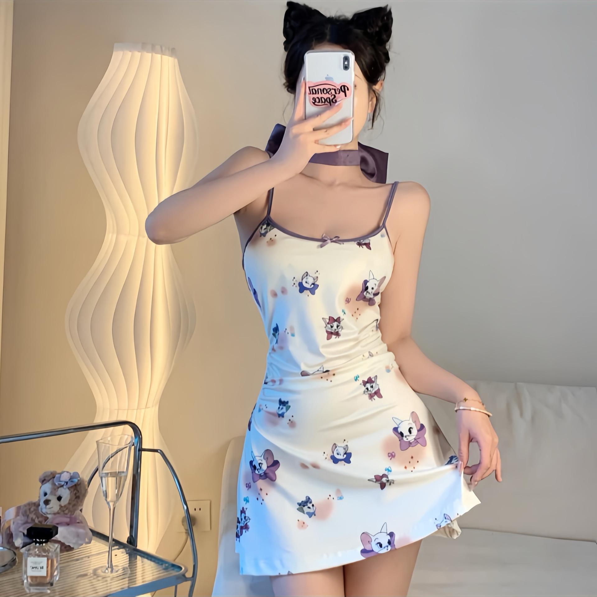 

Fun print suspender nightdress chest pad women s summer sleeveless tight short skirt pure desire hot girl sexy waist hip skirt One size fits all